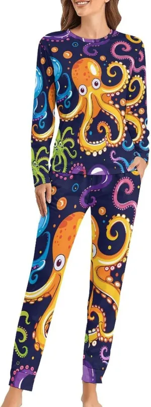 Octopus Print Women's Pajama Set Long Sleeve Sleepwear Soft Nightwear Pjs Sets Loungewear with Pockets