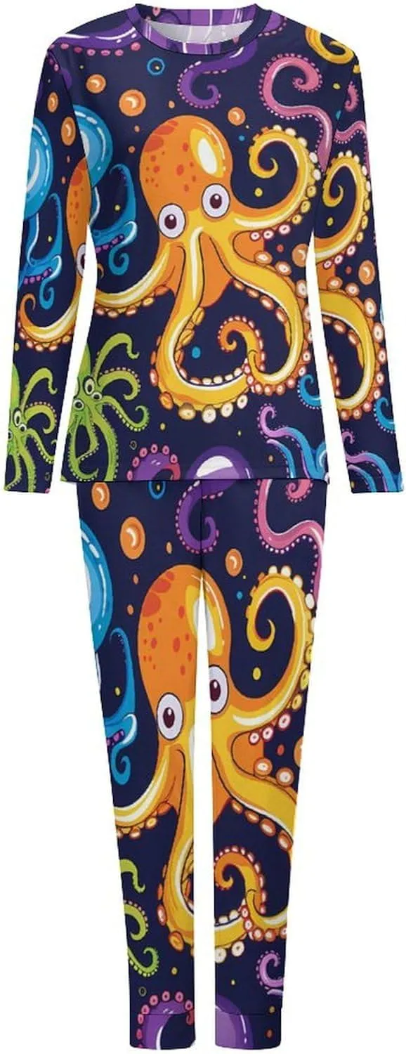 Octopus Print Women's Pajama Set Long Sleeve Sleepwear Soft Nightwear Pjs Sets Loungewear with Pockets