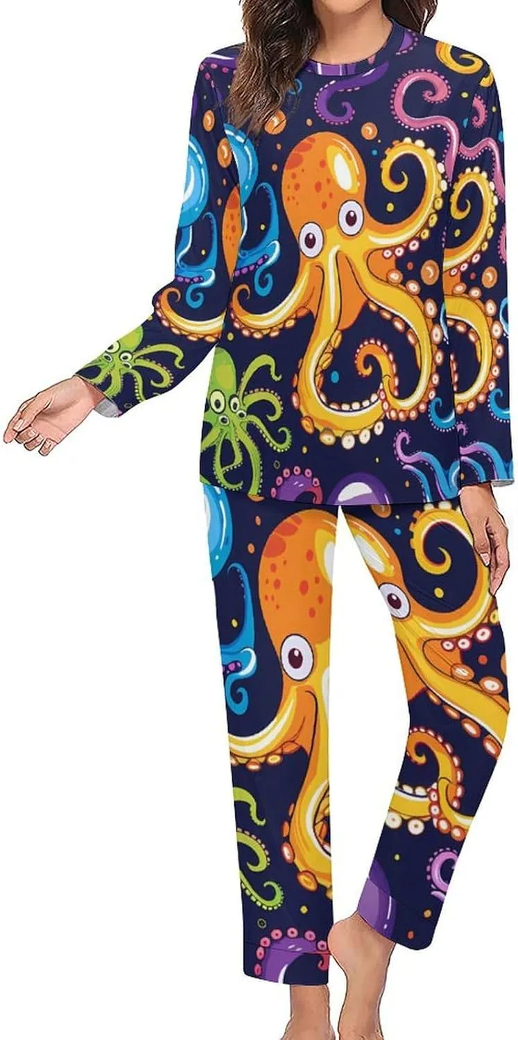 Octopus Print Women's Pajama Set Long Sleeve Sleepwear Soft Nightwear Pjs Sets Loungewear with Pockets