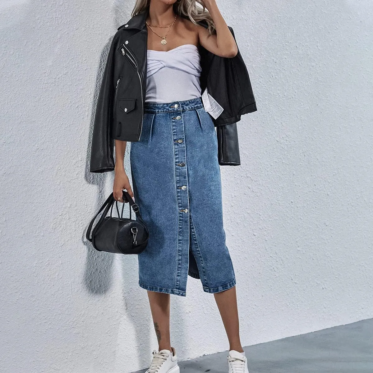 ODIZLI Women's Casual High Waisted Solid Button Up Denim Jean Skirt Side Slit