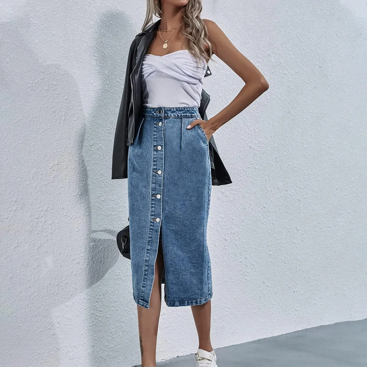 ODIZLI Women's Casual High Waisted Solid Button Up Denim Jean Skirt Side Slit