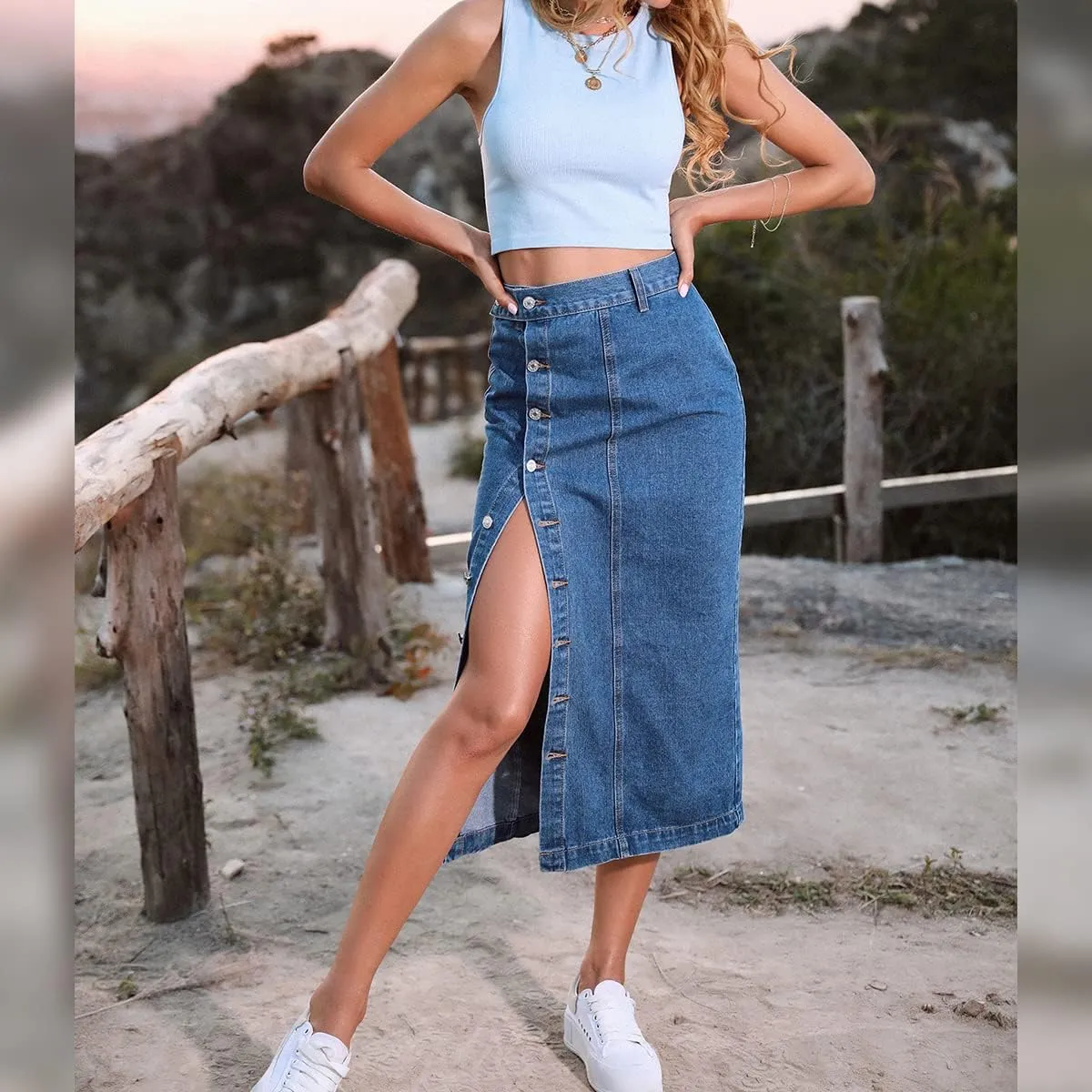 ODIZLI Women's Casual High Waisted Solid Button Up Denim Jean Skirt Side Slit