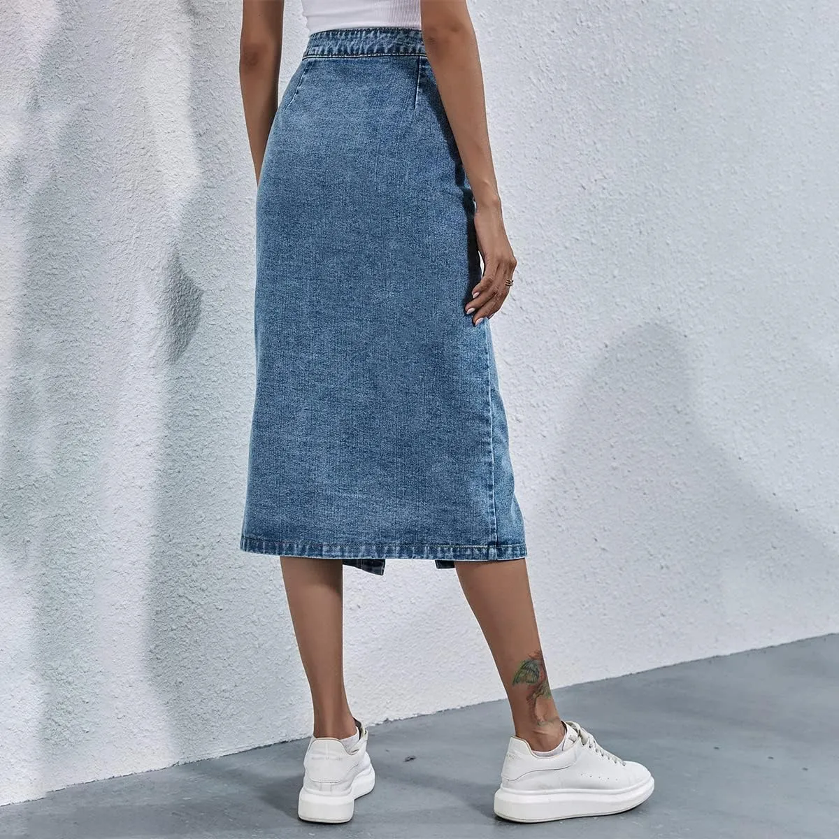 ODIZLI Women's Casual High Waisted Solid Button Up Denim Jean Skirt Side Slit