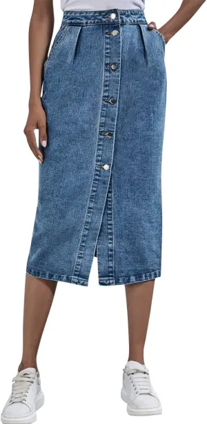 ODIZLI Women's Casual High Waisted Solid Button Up Denim Jean Skirt Side Slit