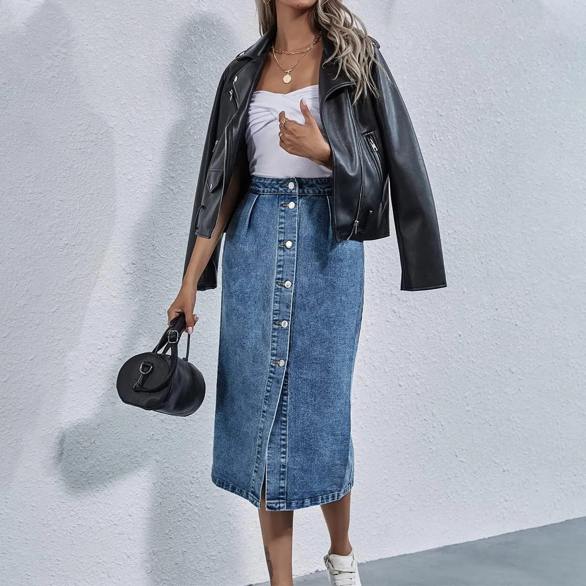 ODIZLI Women's Casual High Waisted Solid Button Up Denim Jean Skirt Side Slit