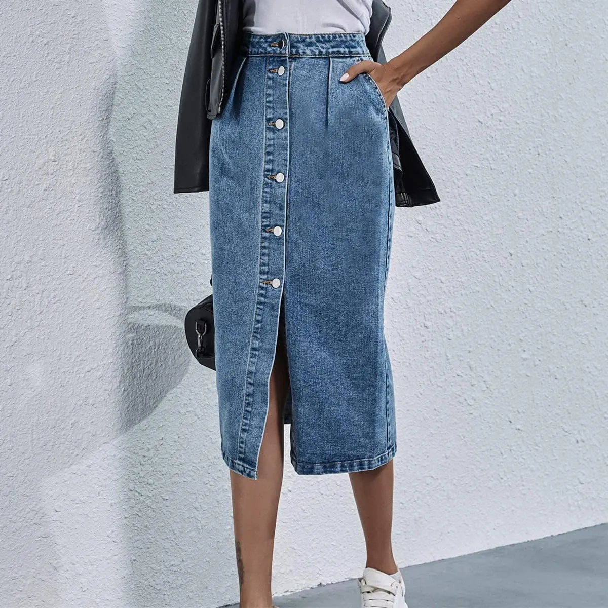 ODIZLI Women's Casual High Waisted Solid Button Up Denim Jean Skirt Side Slit