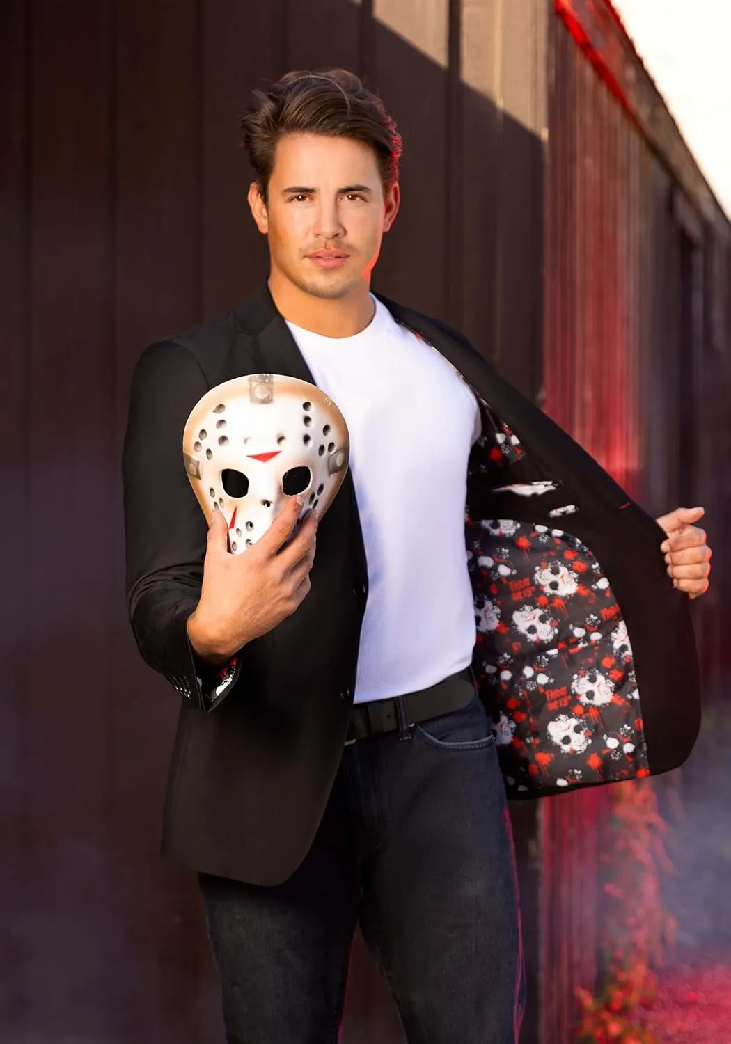Officially Licensed Friday The 13th Men's Blazer, Jason Voorhees Pattern Open Front Casual Work Business Jacket