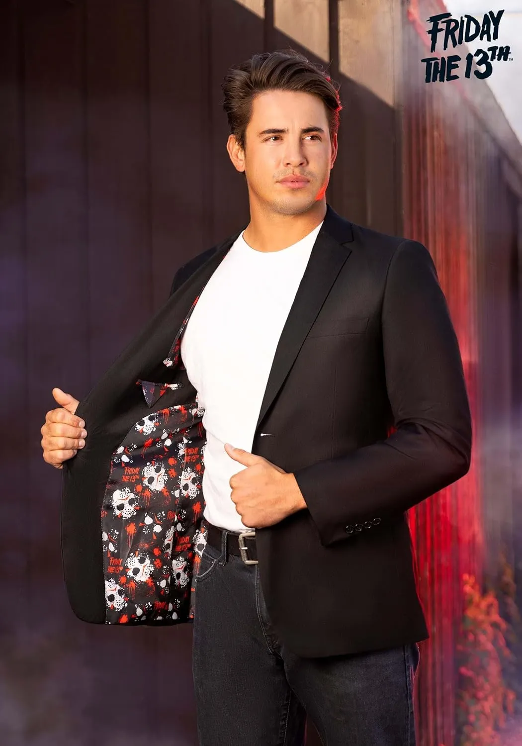 Officially Licensed Friday The 13th Men's Blazer, Jason Voorhees Pattern Open Front Casual Work Business Jacket
