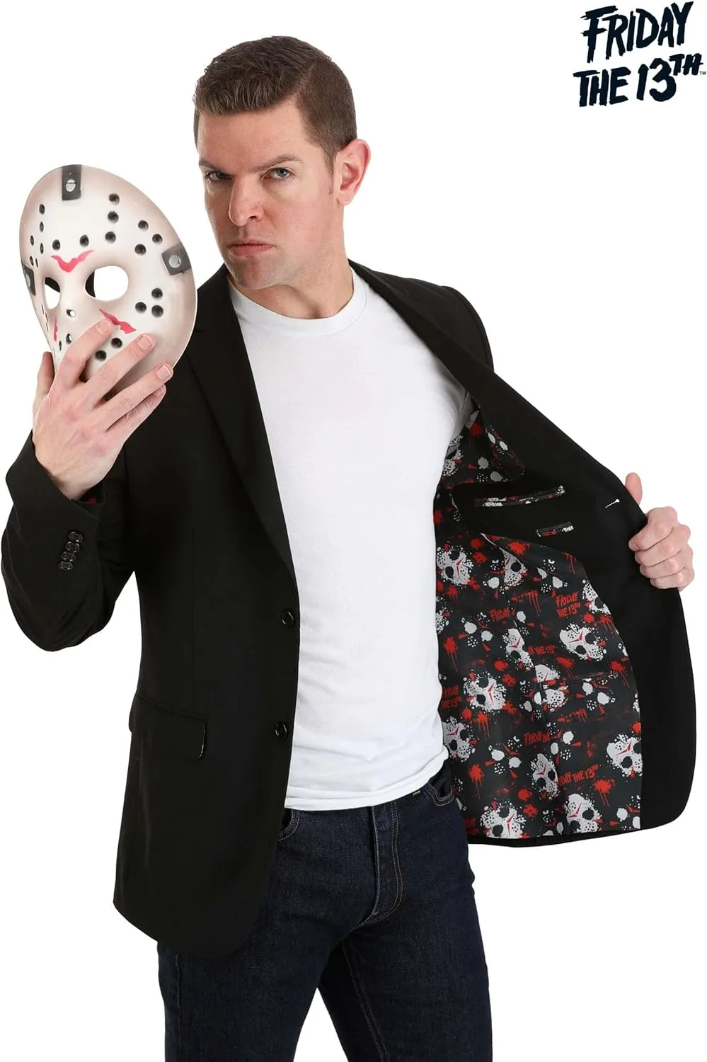 Officially Licensed Friday The 13th Men's Blazer, Jason Voorhees Pattern Open Front Casual Work Business Jacket