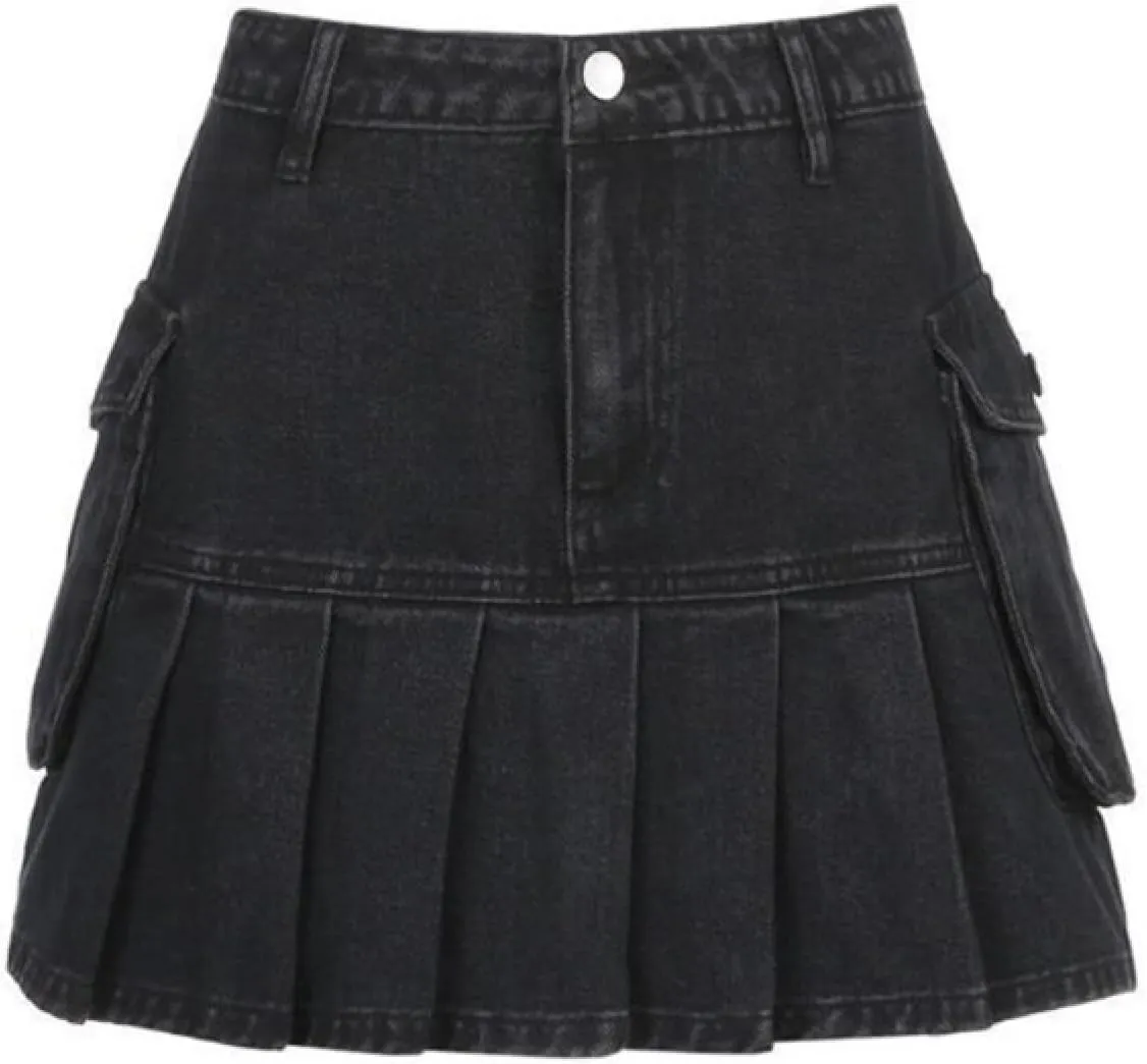 OFFSUM Womens Short Skirts - Summer Womens Slim Pleated Denim Mini Skirt High Waist Sexy Solid Color Fashion Retro St