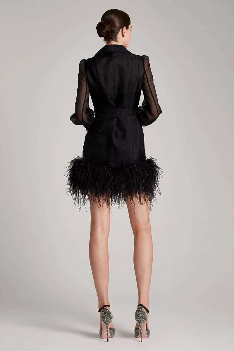 Ostrich Feathers Embellished Silk Gazar Mini Trench Dress in Black