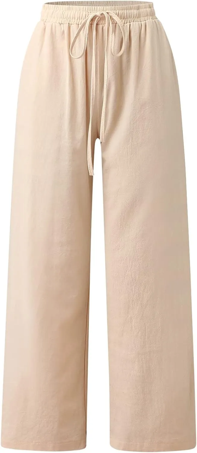 Palazzo Linen Pants for Women Fashion Casual Wide Leg Linen Trousers Summer Vacation Lounge Long Pants for Women 2024