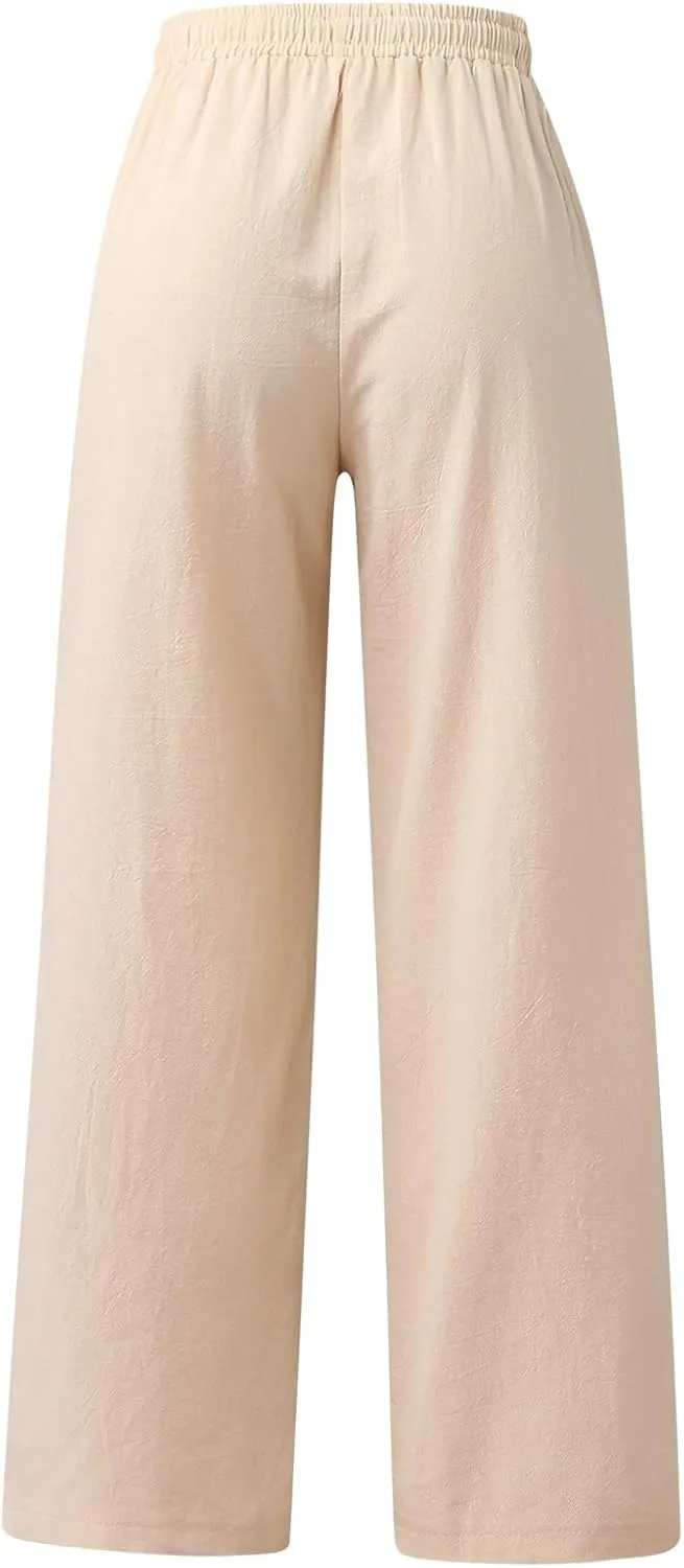 Palazzo Linen Pants for Women Fashion Casual Wide Leg Linen Trousers Summer Vacation Lounge Long Pants for Women 2024