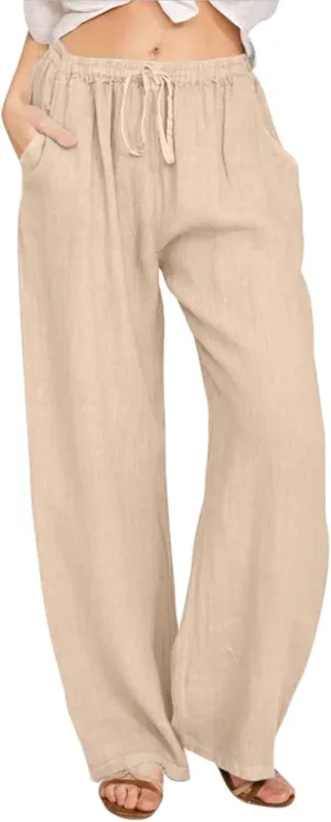 Palazzo Linen Pants for Women Fashion Casual Wide Leg Linen Trousers Summer Vacation Lounge Long Pants for Women 2024