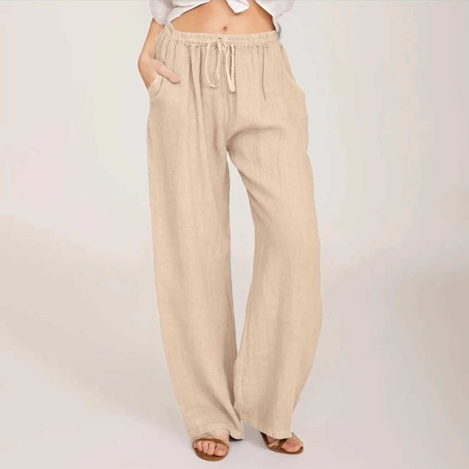 Palazzo Linen Pants for Women Fashion Casual Wide Leg Linen Trousers Summer Vacation Lounge Long Pants for Women 2024
