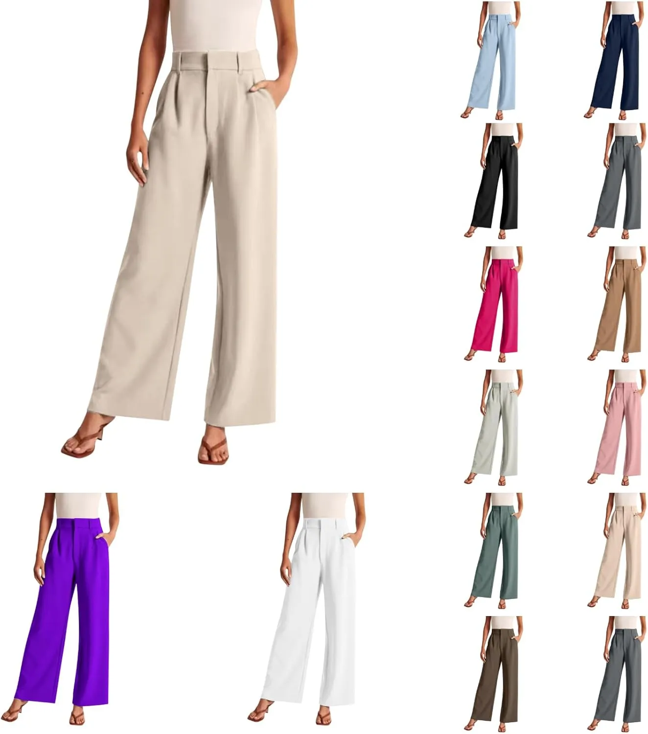Pants for Women Casual Wide Leg High Waist Button Straight Trousers Loose Fit Business Fashion Work Pants with Pockets