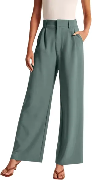 Pants for Women Casual Wide Leg High Waist Button Straight Trousers Loose Fit Business Fashion Work Pants with Pockets
