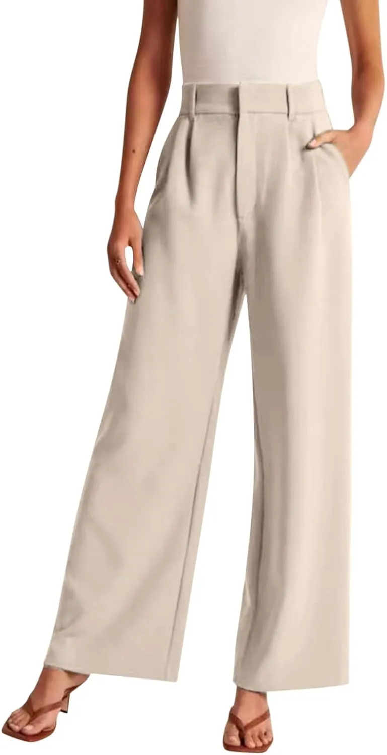 Pants for Women Casual Wide Leg High Waist Button Straight Trousers Loose Fit Business Fashion Work Pants with Pockets