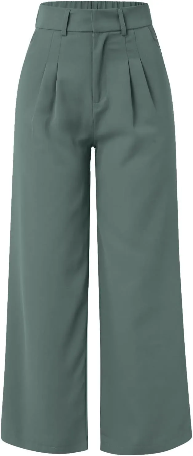 Pants for Women Casual Wide Leg High Waist Button Straight Trousers Loose Fit Business Fashion Work Pants with Pockets