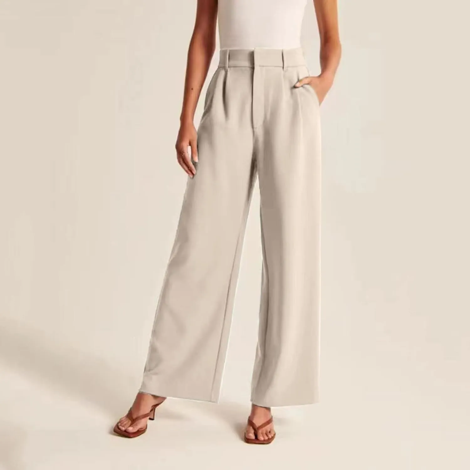 Pants for Women Casual Wide Leg High Waist Button Straight Trousers Loose Fit Business Fashion Work Pants with Pockets