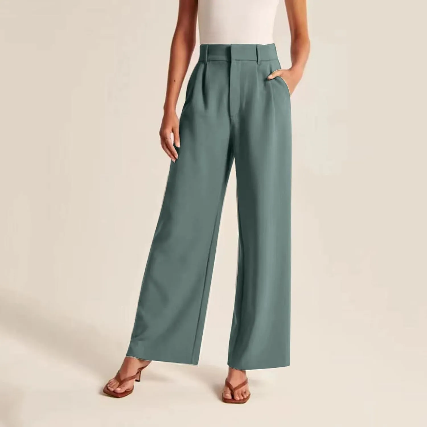 Pants for Women Casual Wide Leg High Waist Button Straight Trousers Loose Fit Business Fashion Work Pants with Pockets