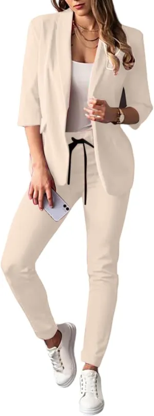 Pants Suits for Women Dressy Business Casual Outfits Work 3/4 Sleeve Blazer Sets and Pencil Pants 2 Piece Office Suit Set