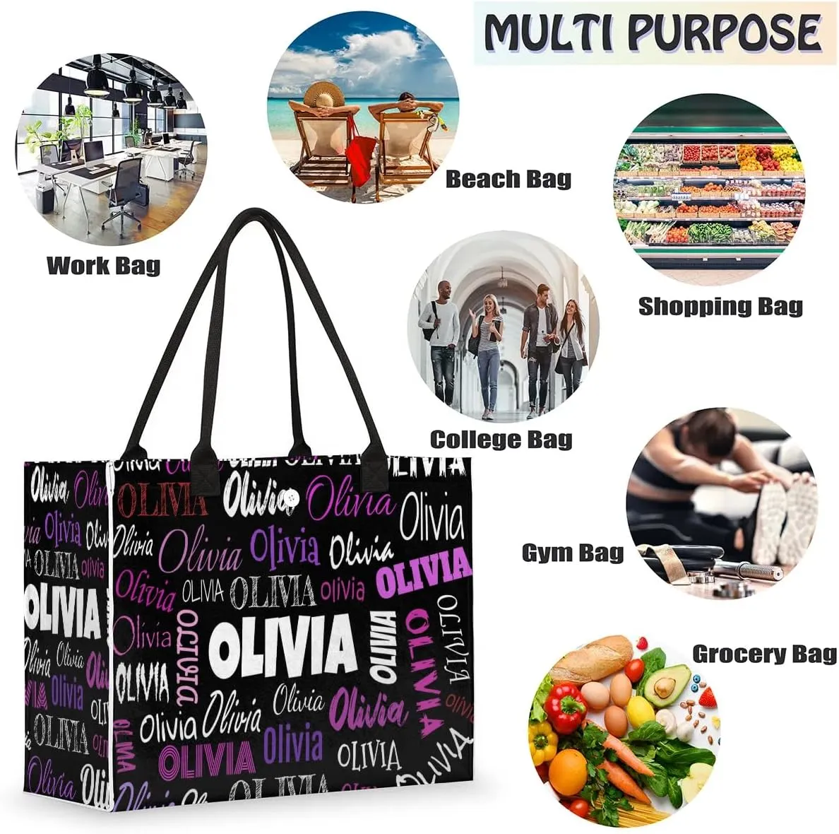 Personalized Women Tote Bag with Name, Customized Large Beach Shoulder Handbags Casual Bag for Travel Daily Work