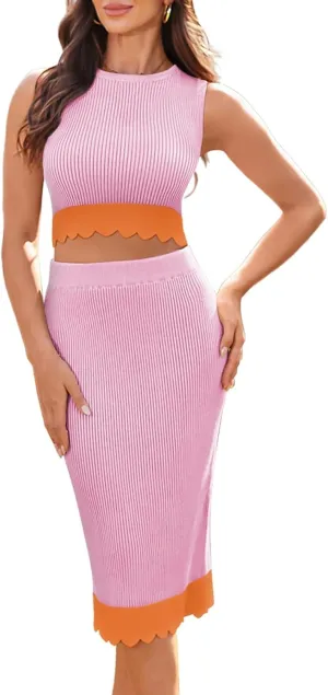 Pink Queen Two Piece Skirt Set for Women Color Block Sleeveless Crop Tops Ribbed Bodycon Midi Dress