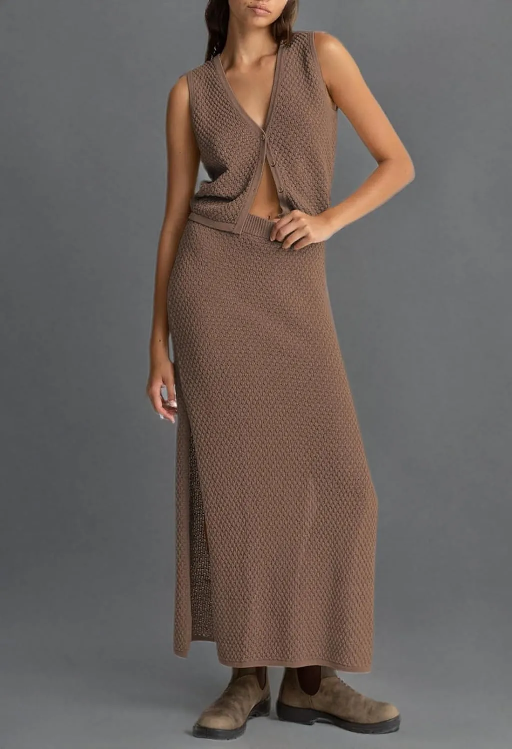 Pink Queen Women's Summer 2 Piece Outfit Set V Neck Button Crop Tank Top Vest Bodycon Maxi Long Skirt Waffle Knit Dress