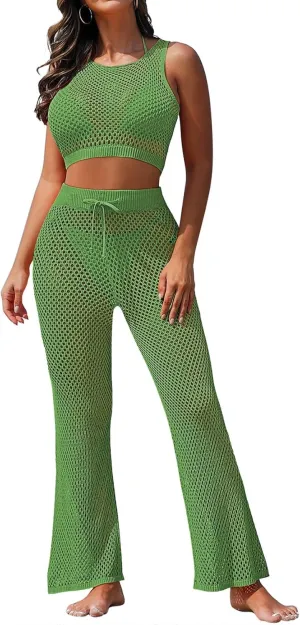 Pink Queen Women's Swimsuit Cover Up Set 2 Pieces Crochet Sleeveless Crop Top Wide Leg Long Pants Beach Coverups