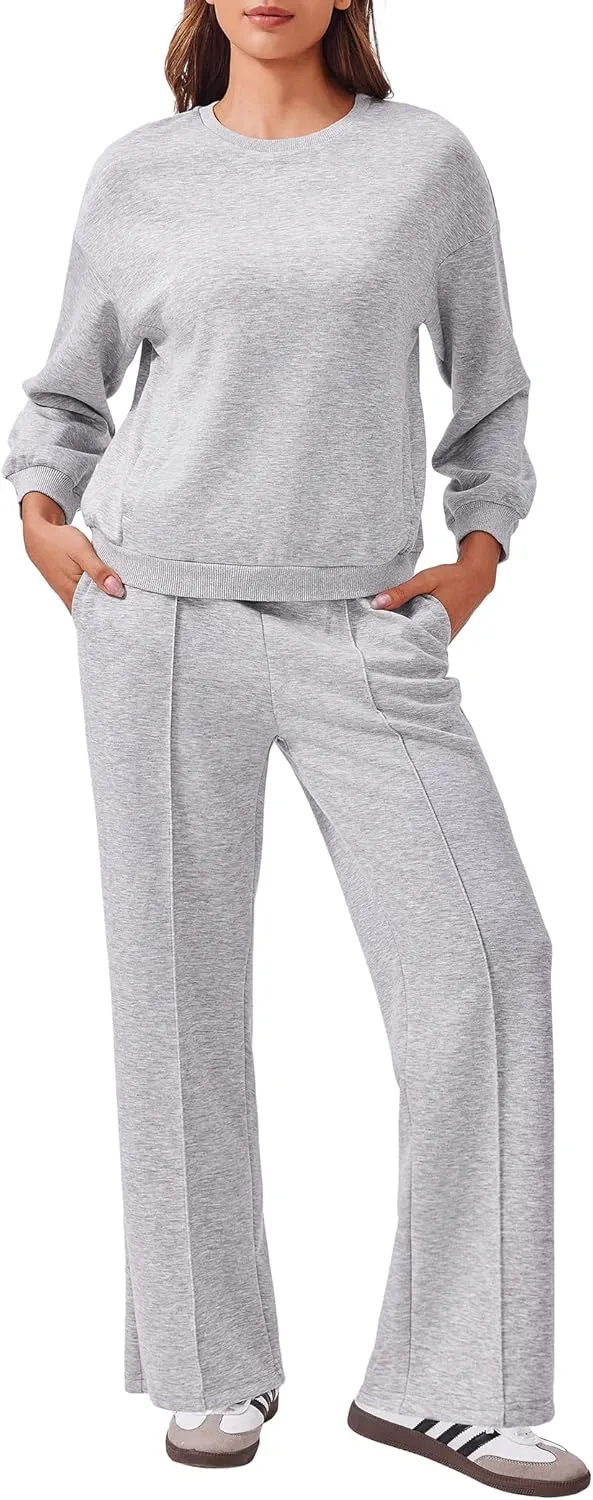 PINSPARK Two Piece Sets for Women Crewneck Sweatshirts Straight Leg Pants Lounge Set For Women Athleisure Tracksuit Outfits Light Grey XL