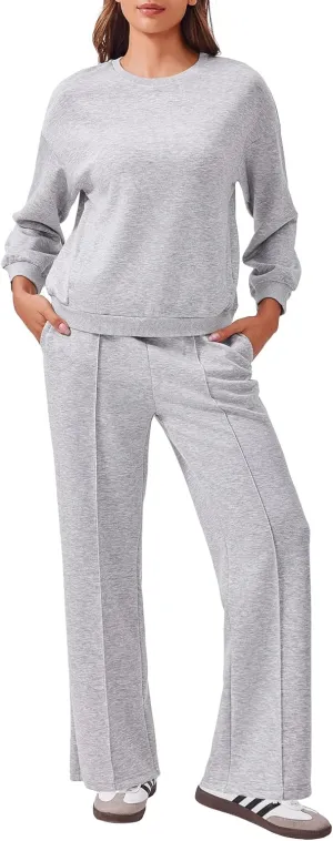 PINSPARK Two Piece Sets for Women Crewneck Sweatshirts Straight Leg Pants Lounge Set For Women Athleisure Tracksuit Outfits Light Grey XL