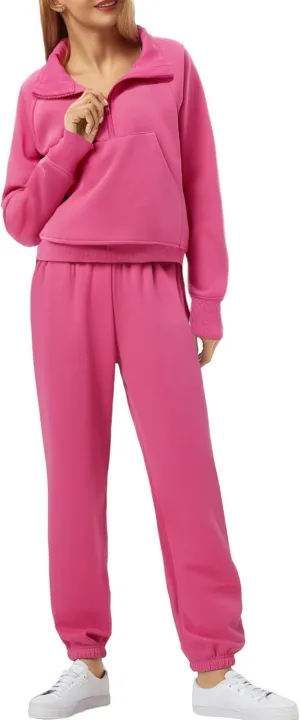 PINSPARK Two Piece Sets for Women Jogger Sweatpants Fleece Half Zip Pullover Airport Travel Fall Outfits 2024,Hot Pink Large