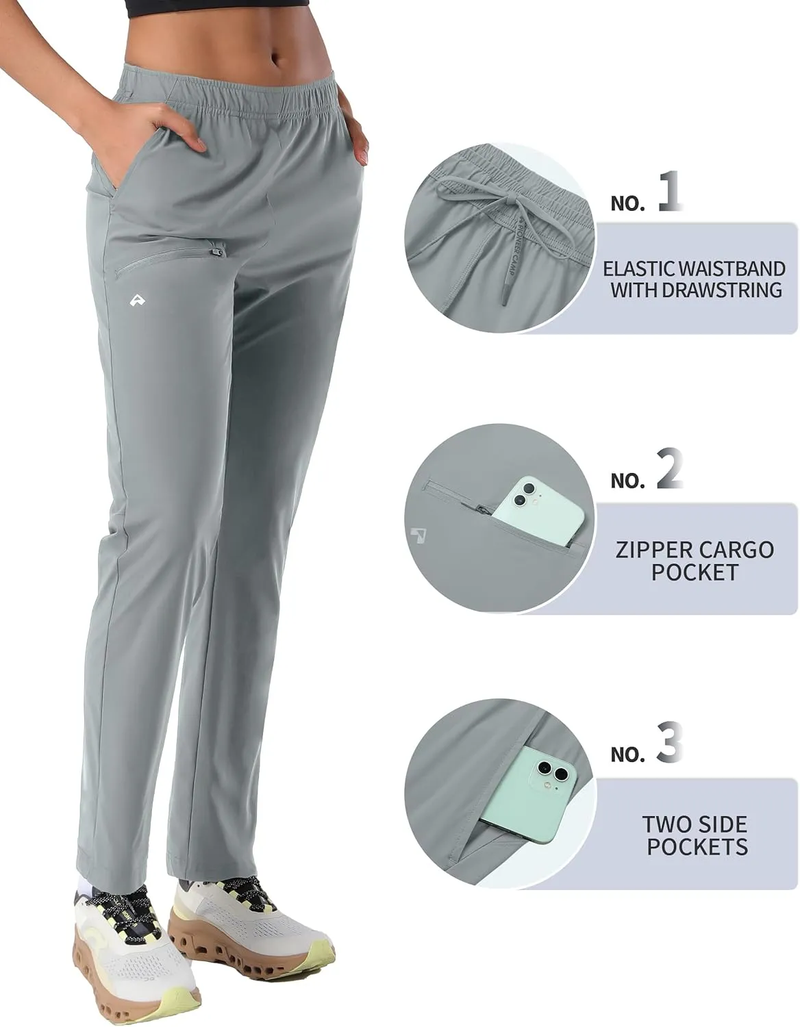 Pioneer Camp Women's Hiking Pants UPF 50  Elastic Waist Drawstring Ultra-Stretch Lightweight Outdoor Cargo Pants for Travel