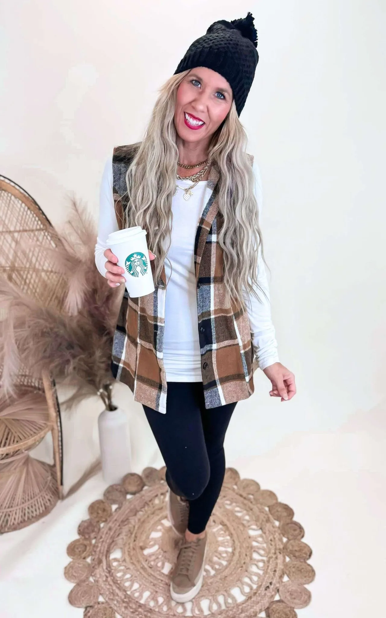 Plaid Lapelle Collar Button Up Vest Coat