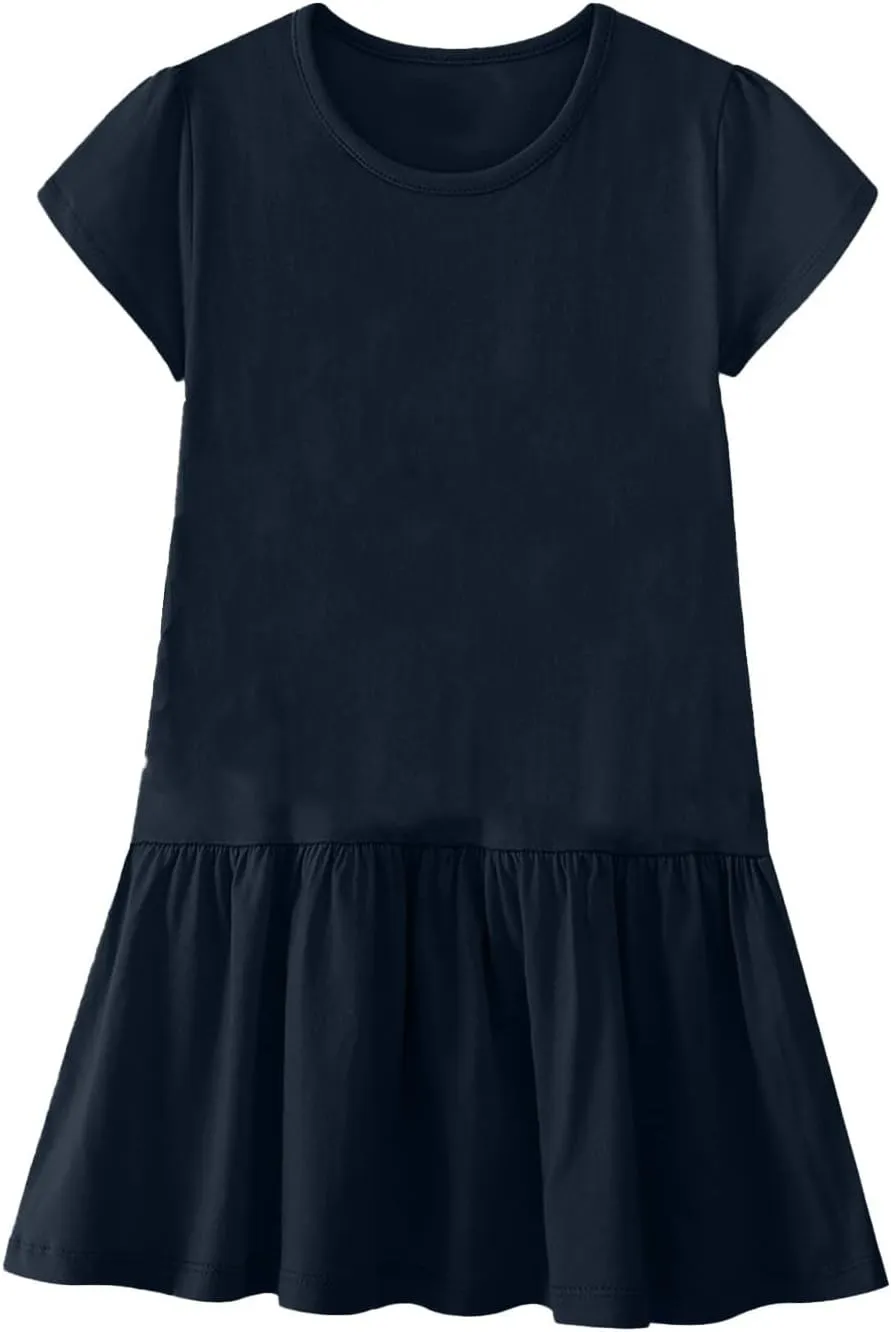 Pleated Dress for Women Summer Casual Ruffle Hem Petal Dresses Short Sleeve Loose Swing Tunic Mini Dress