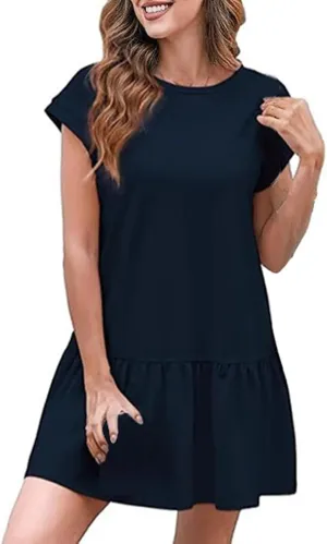 Pleated Dress for Women Summer Casual Ruffle Hem Petal Dresses Short Sleeve Loose Swing Tunic Mini Dress
