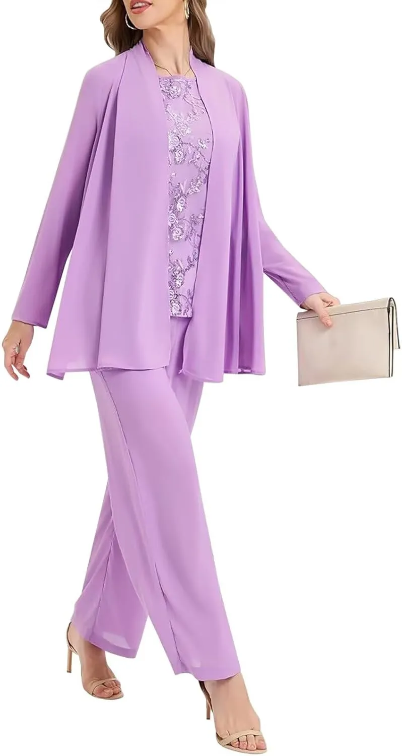 Plus Size 3 Piece Mother of Bride Pant Suits Chiffon Formal Pantsuit Wedding Guest Outfit