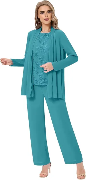 Plus Size 3 Piece Mother of Bride Pant Suits Chiffon Formal Pantsuit Wedding Guest Outfit