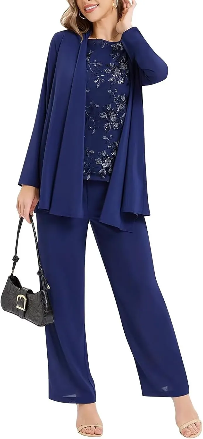 Plus Size 3 Piece Mother of Bride Pant Suits Chiffon Formal Pantsuit Wedding Guest Outfit