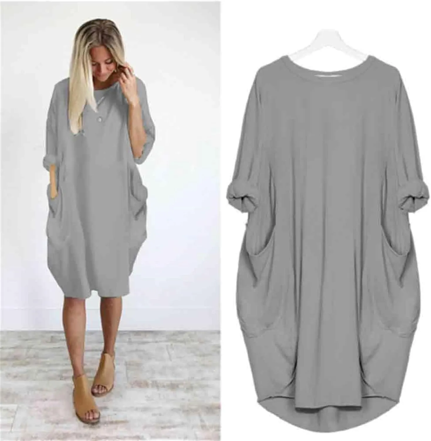 Plus Size Dresses for Curvy Women Casual Roll-Up Oversized Tunic Dress Loose Baggy Tshirt Midi Derss Tops with Pockets