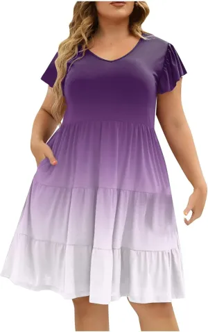 Plus Size Midi Dress for Women Casual Summer Short Sleeve V-Neck Dresses Gradient Print Cute Tiered Ruffle Dress