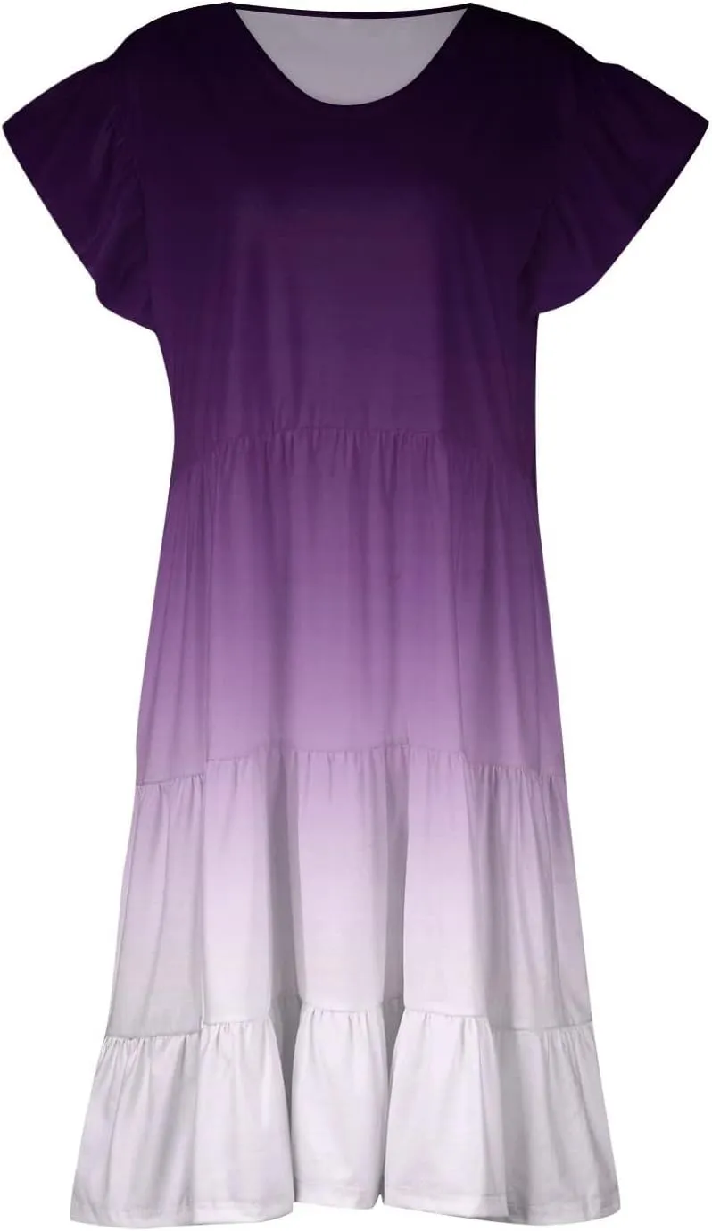 Plus Size Midi Dress for Women Casual Summer Short Sleeve V-Neck Dresses Gradient Print Cute Tiered Ruffle Dress
