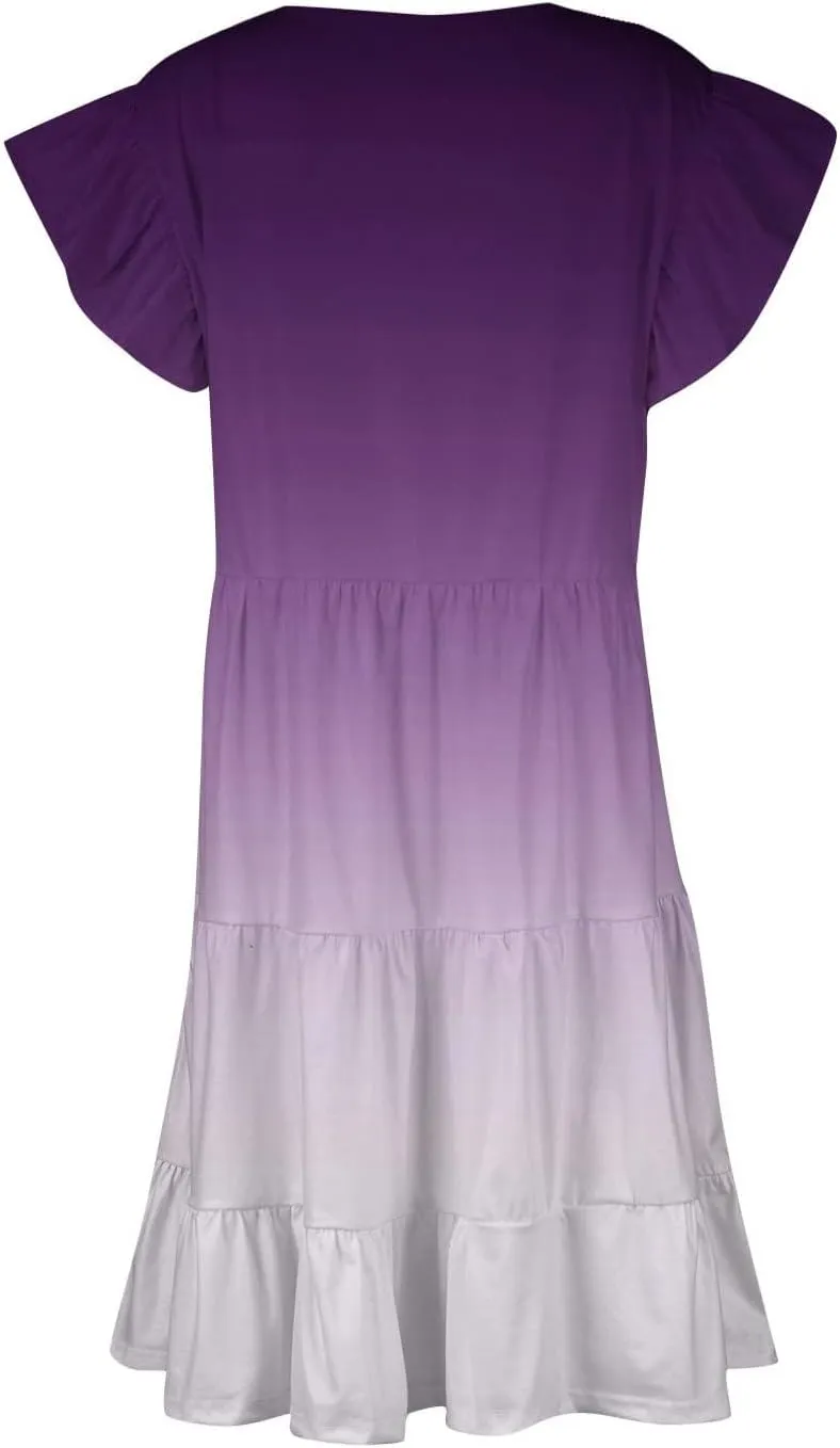 Plus Size Midi Dress for Women Casual Summer Short Sleeve V-Neck Dresses Gradient Print Cute Tiered Ruffle Dress