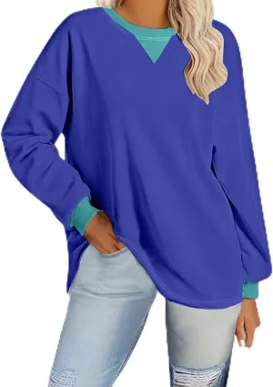 Plus Size Tops for Women Casual Long Sleeve Hoodie Round Neck Color Block Sweatshirts Daily Trendy Pullover Top