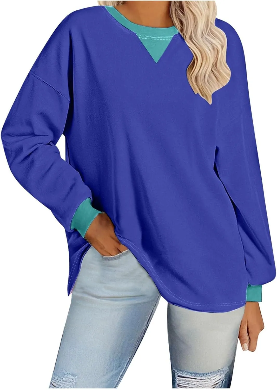 Plus Size Tops for Women Casual Long Sleeve Hoodie Round Neck Color Block Sweatshirts Daily Trendy Pullover Top