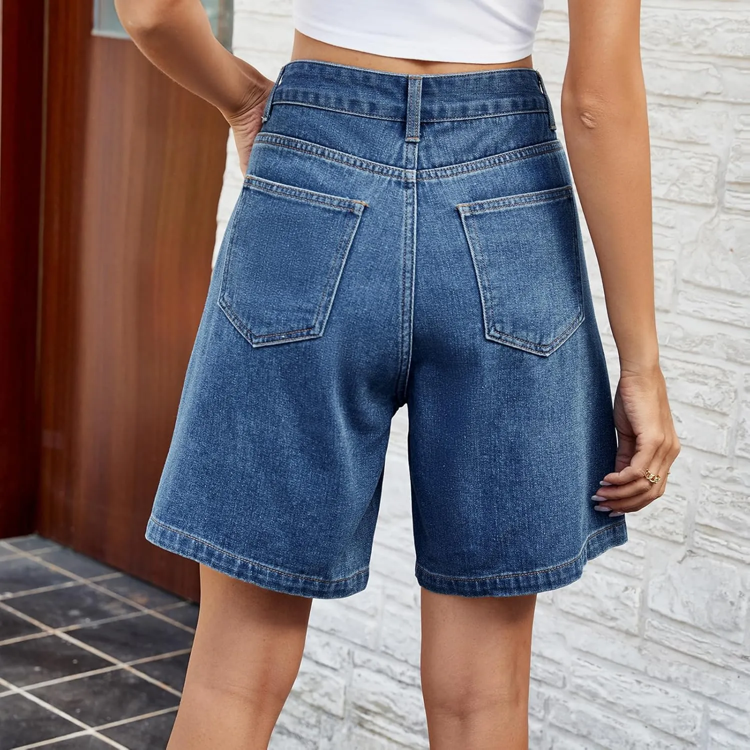 POHADON Womens Jean Shorts Bermuda Shorts Knee Length 2025 Trendy Y2k High Waisted Wide Leg Casual Summer Shorts with Pockets