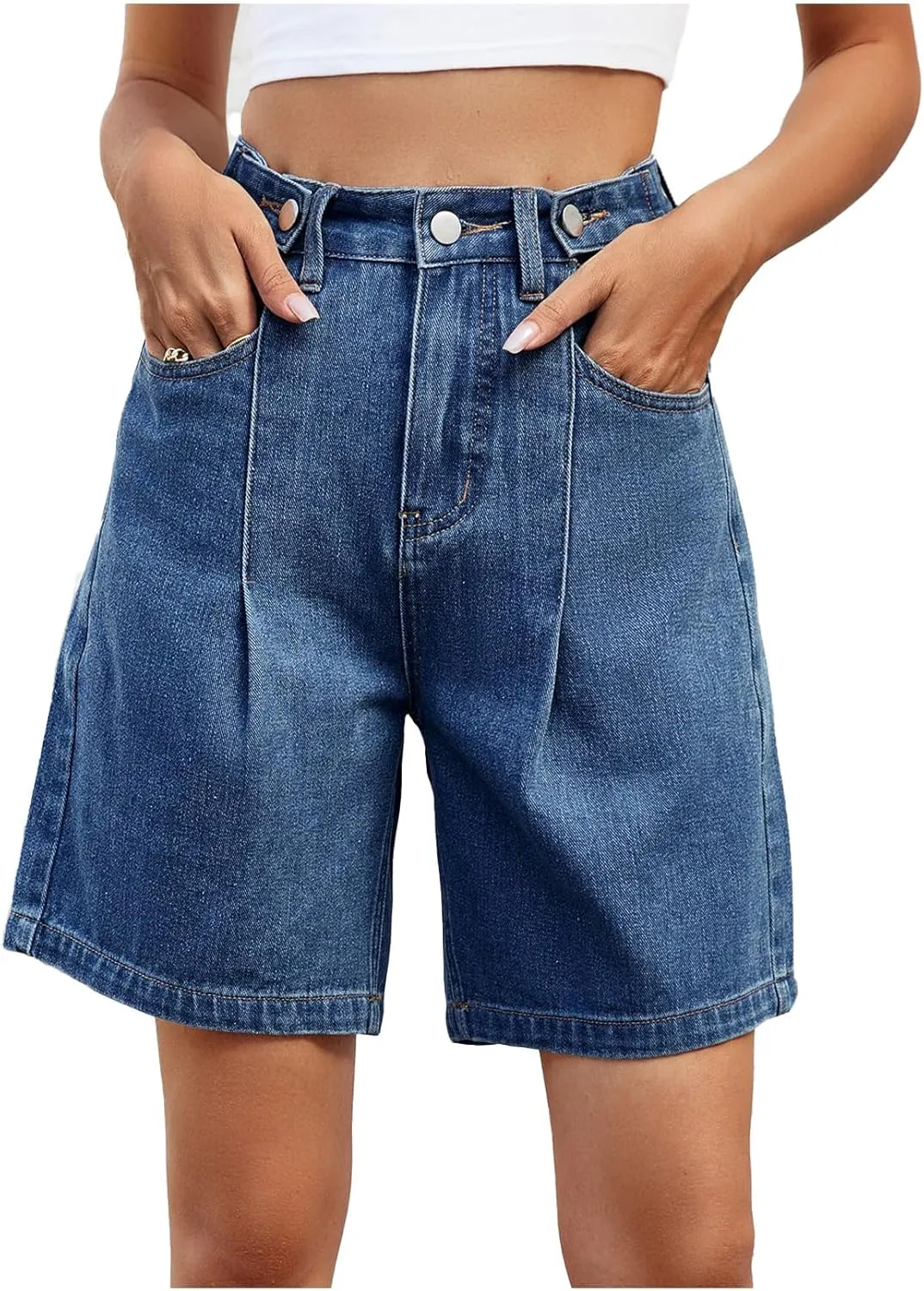 POHADON Womens Jean Shorts Bermuda Shorts Knee Length 2025 Trendy Y2k High Waisted Wide Leg Casual Summer Shorts with Pockets