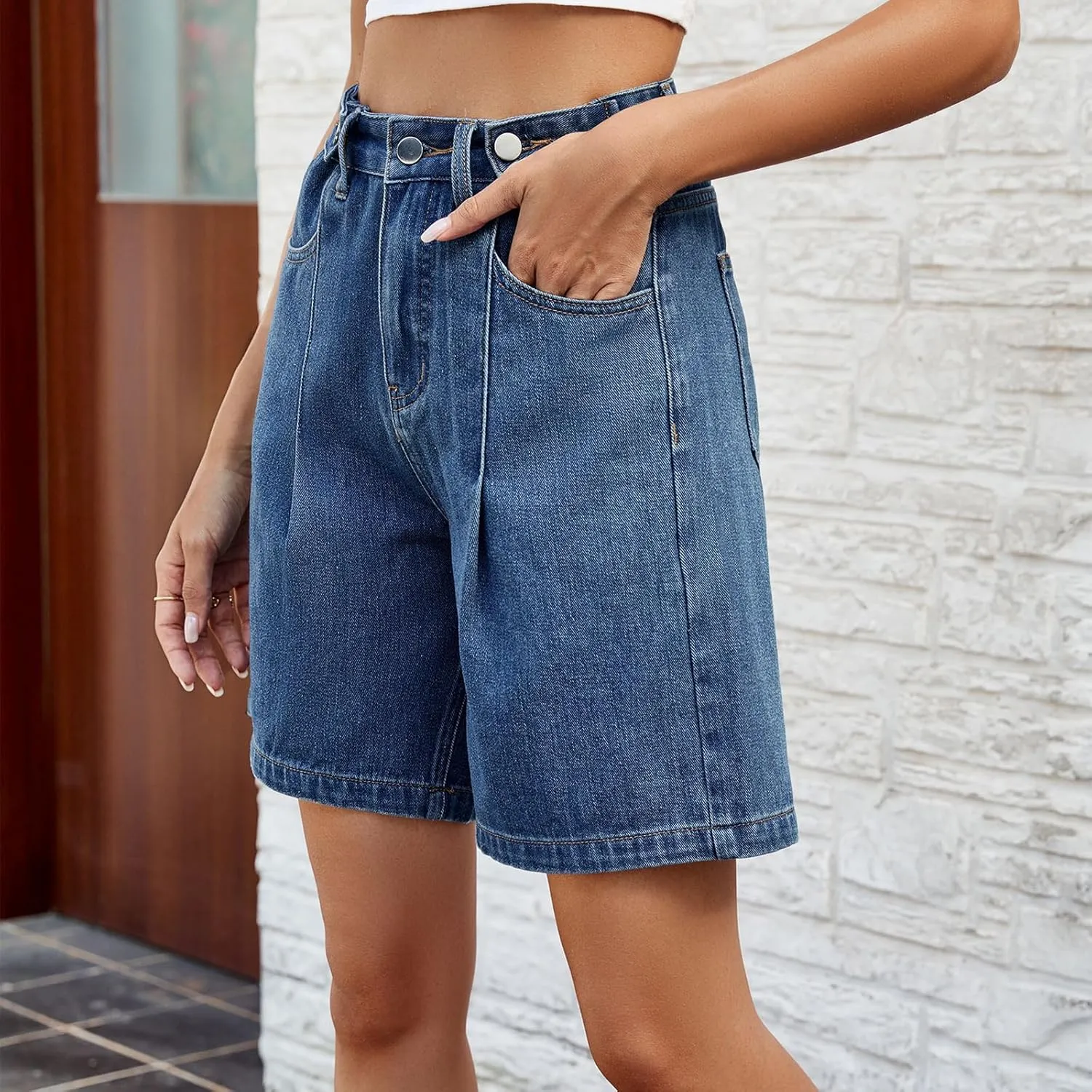 POHADON Womens Jean Shorts Bermuda Shorts Knee Length 2025 Trendy Y2k High Waisted Wide Leg Casual Summer Shorts with Pockets