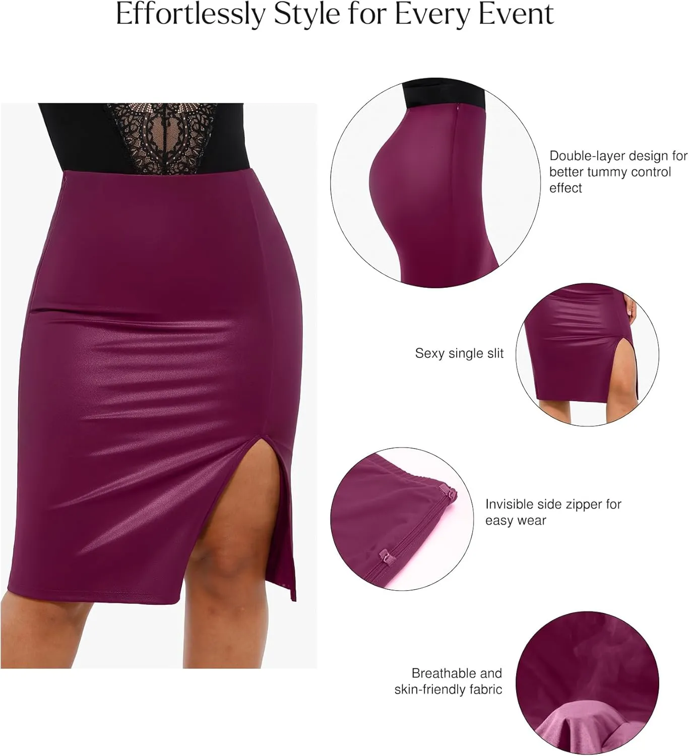 Popilush Shapewear Faux Leather Skirts with Built in Shapewear Tummy Control High Waist Midi Skirt with Shaper for Women